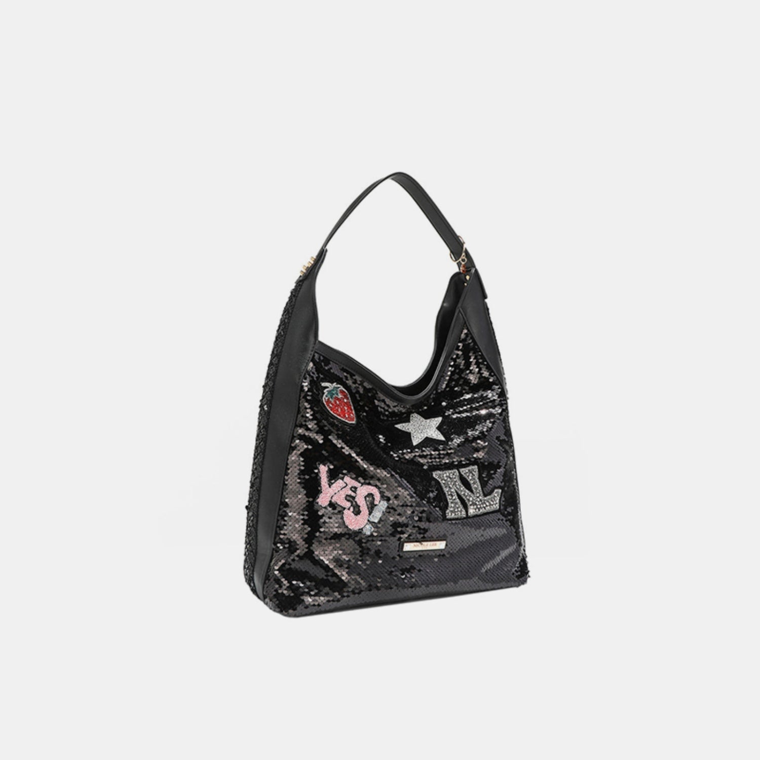 Nicole Lee USA - Black Vegan Leather Sequin Patch Hobo Bag