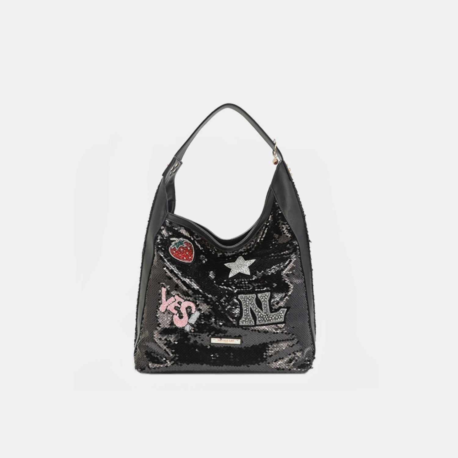 Nicole Lee USA - Black Vegan Leather Sequin Patch Hobo Bag