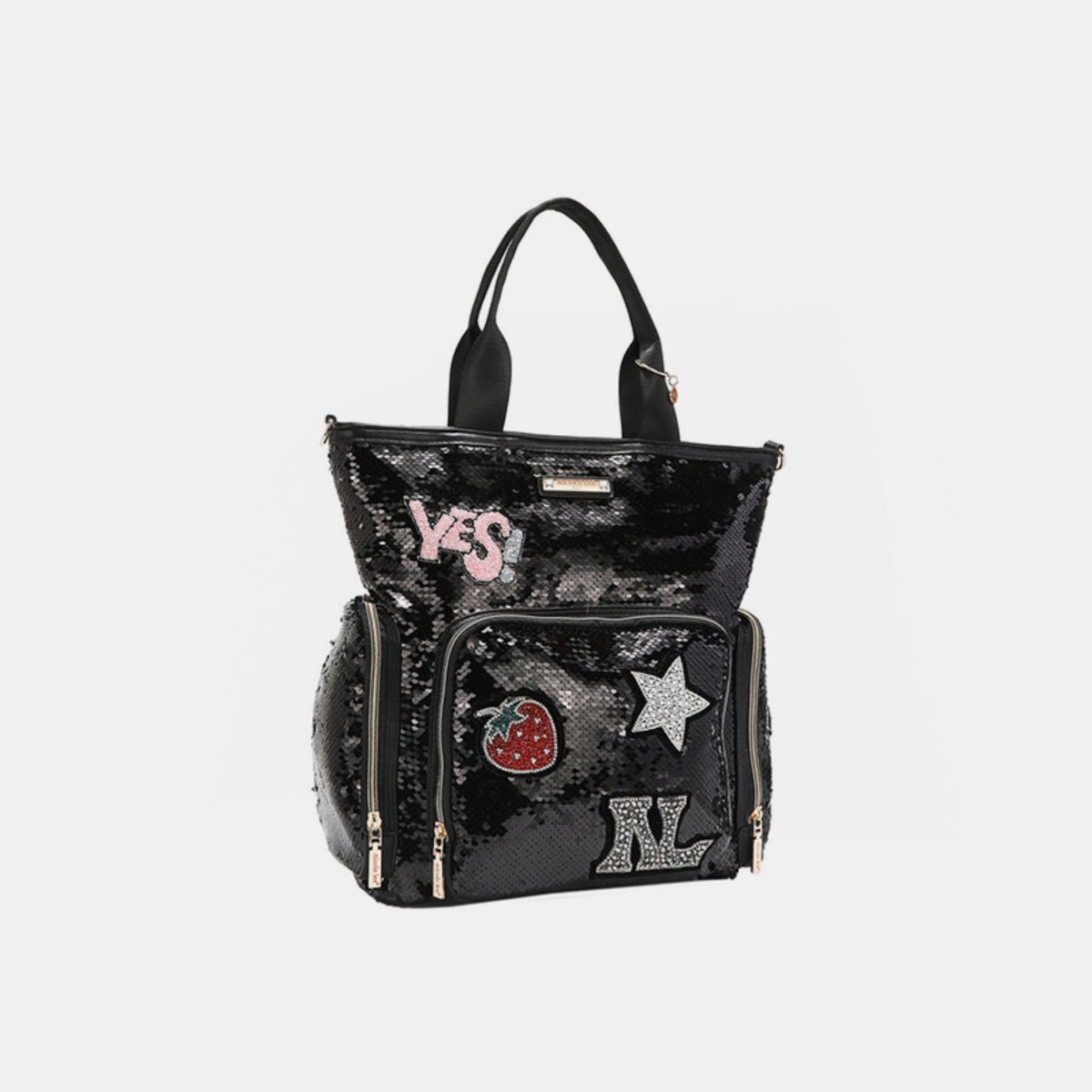 Nicole Lee USA - Black Vegan Leather Sequin Patch Tote Bag