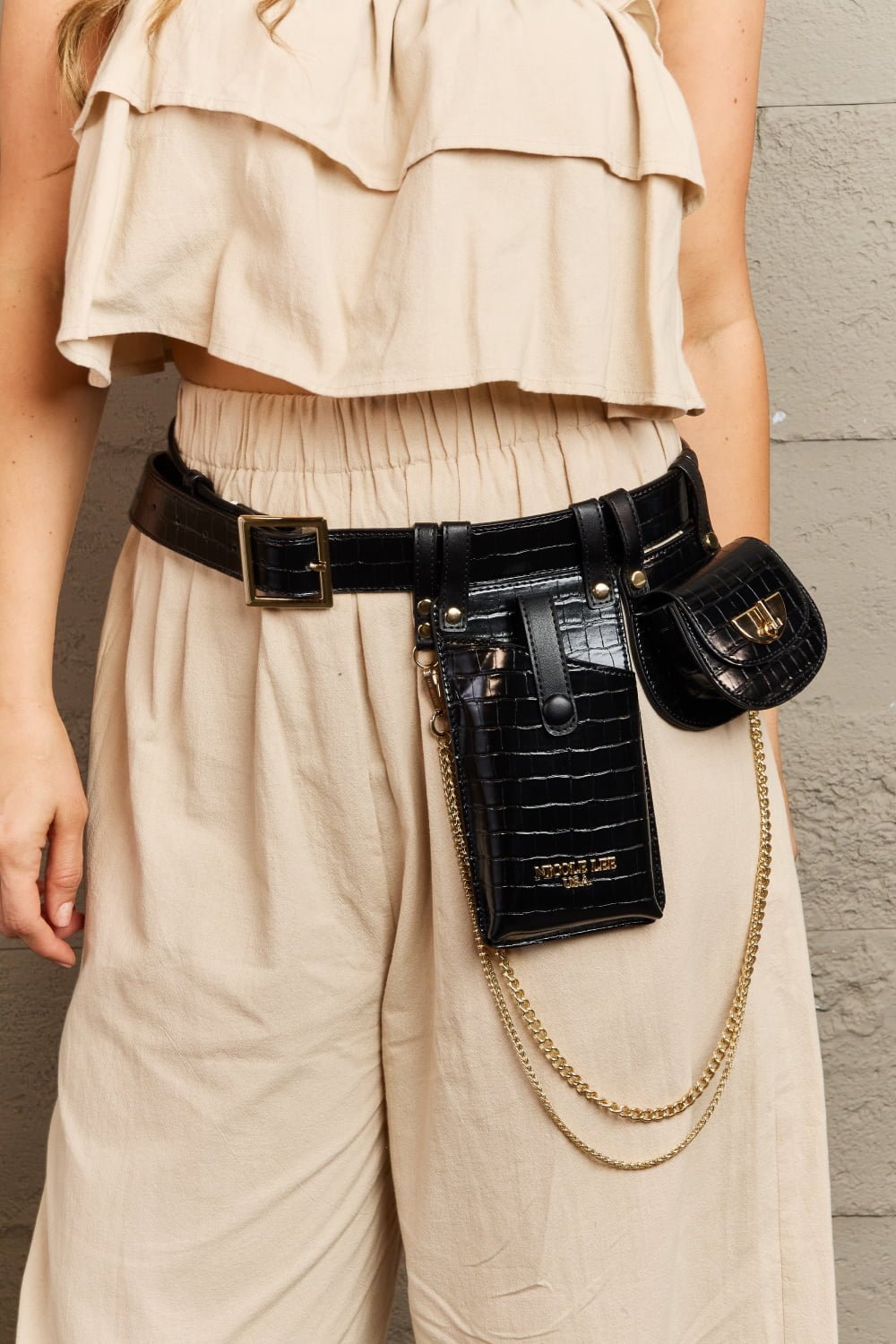 Nicole Lee USA - Croc Texture Vegan Leather Belt Bags with Chain Detail