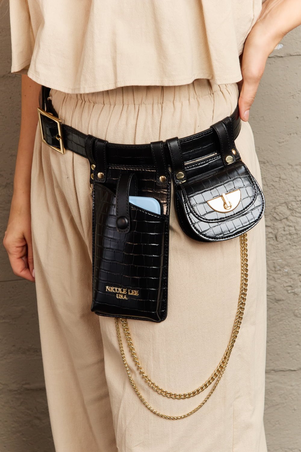 Nicole Lee USA - Croc Texture Vegan Leather Belt Bags with Chain Detail