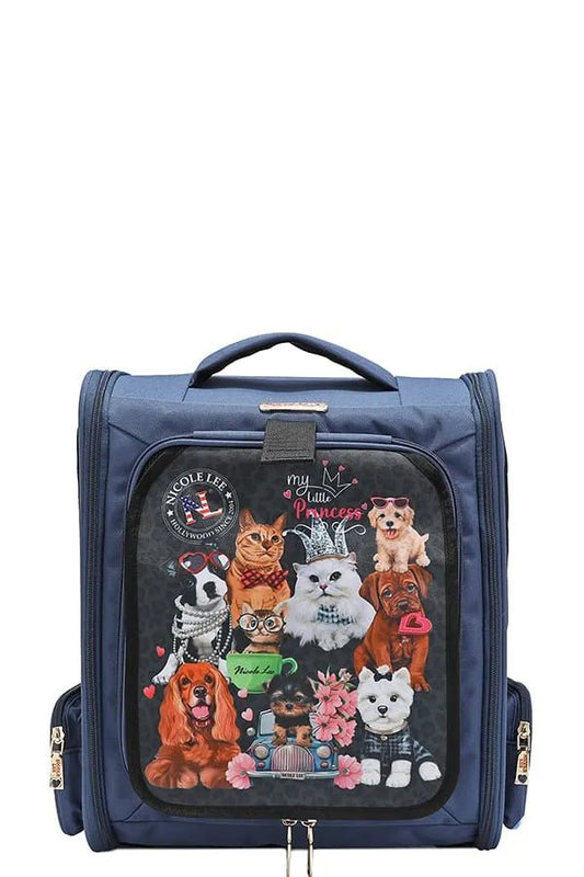 Nicole Lee USA - Navy Pet Carrier Backpack with Cute Dog & Cat Print