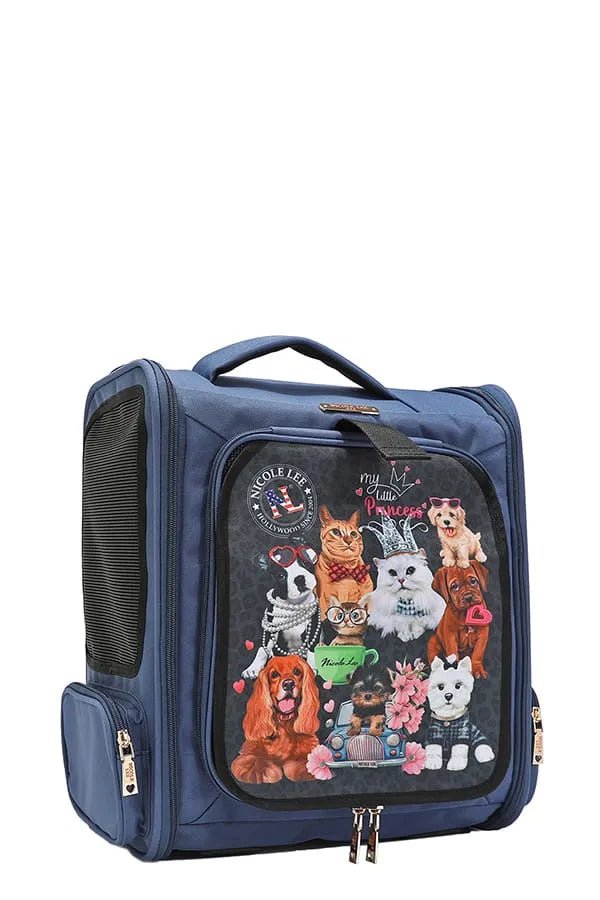 Nicole Lee USA - Navy Pet Carrier Backpack with Cute Dog & Cat Print