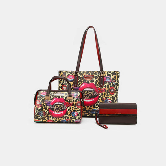 Nicole Lee USA - Three - Piece Vegan Leather Wild Lips Print Handbag Set