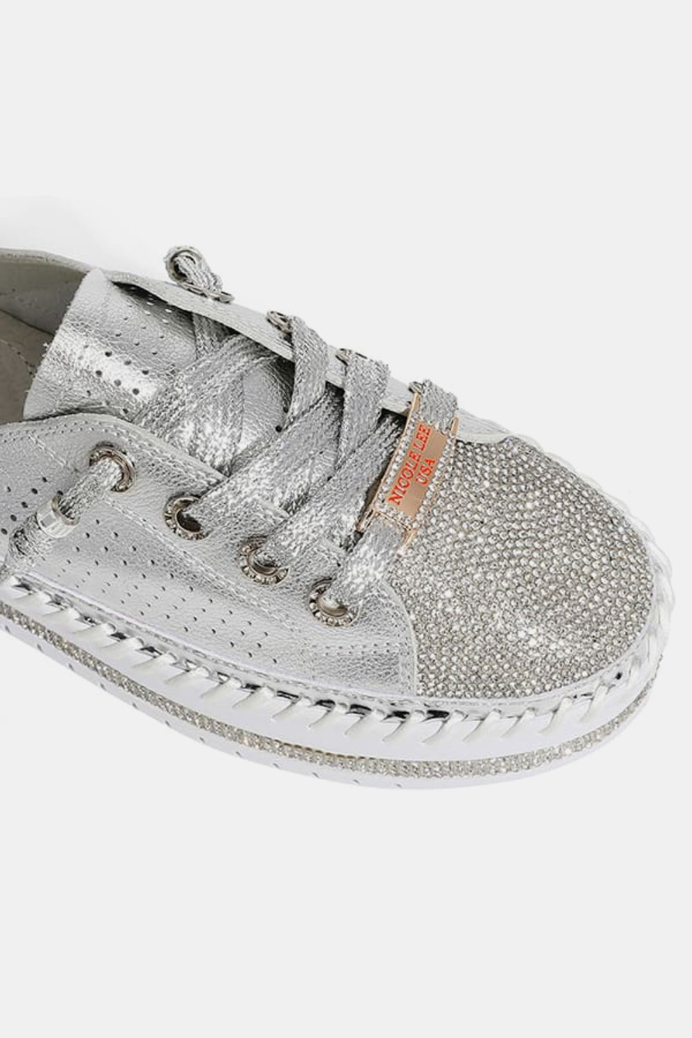 Nicole Lee USA - Vegan Leather Silver Rhinestone Round Toe Platform Slip On Sneaker