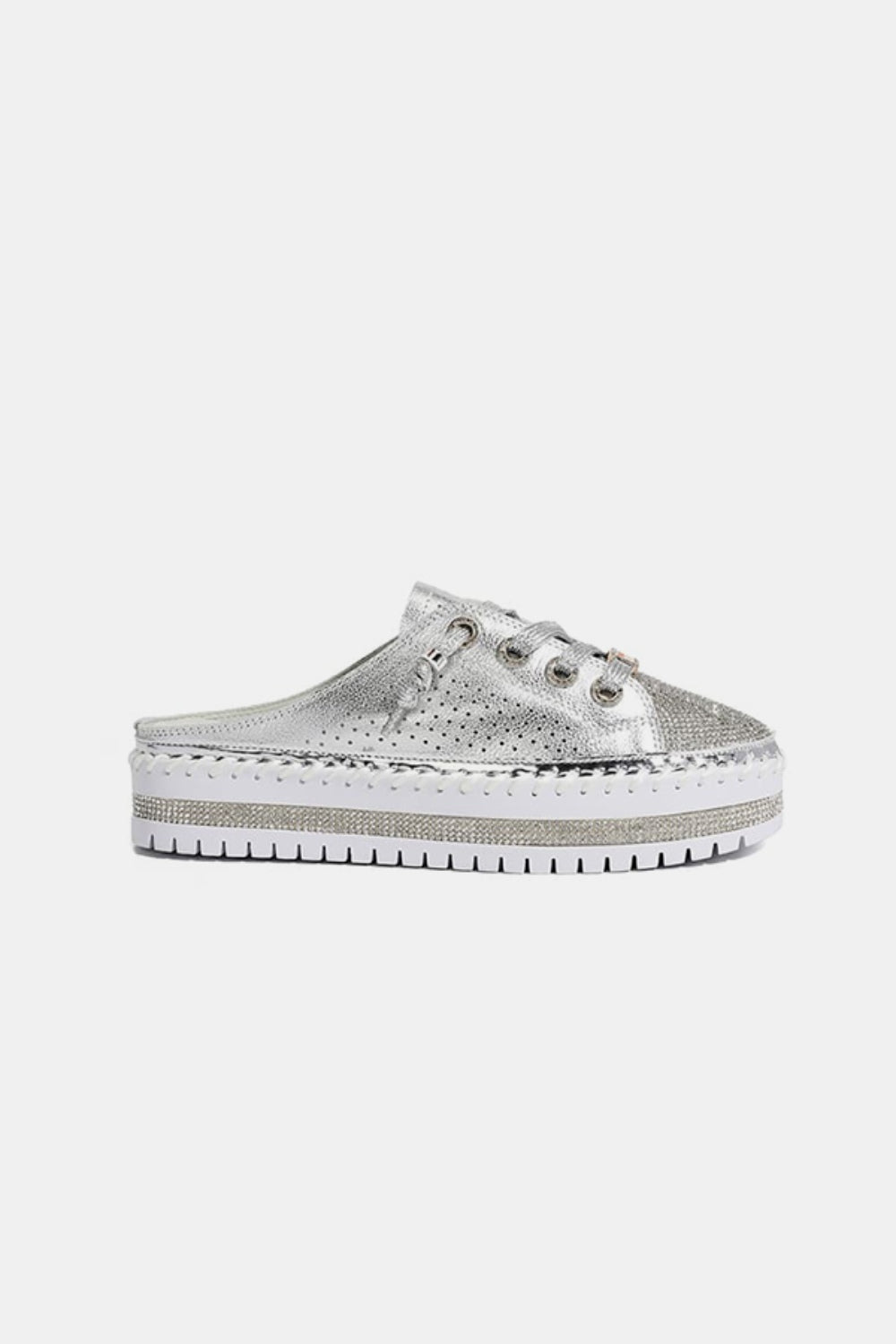 Nicole Lee USA - Vegan Leather Silver Rhinestone Round Toe Platform Slip On Sneaker