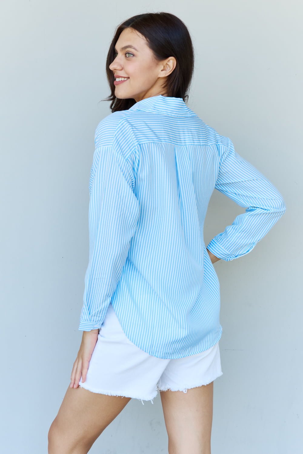 Ninexis - Blue & White Striped Button Down Long Sleeve Shirt