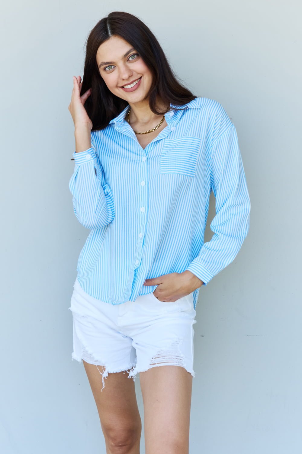 Ninexis - Blue & White Striped Button Down Long Sleeve Shirt