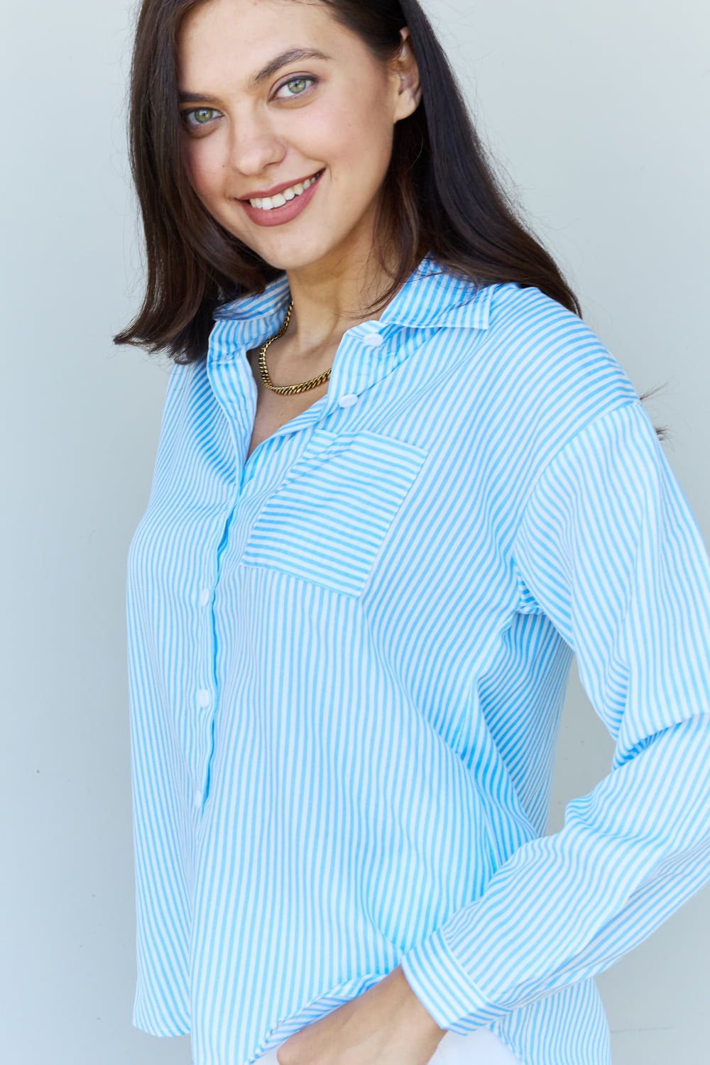 Ninexis - Blue & White Striped Button Down Long Sleeve Shirt