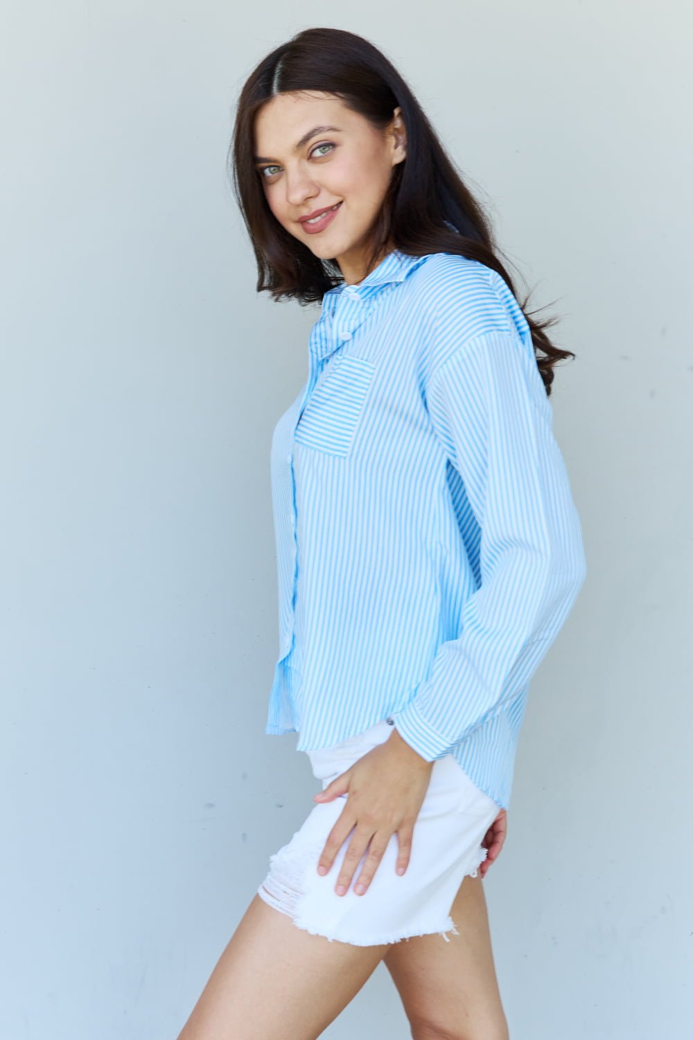 Ninexis - Blue & White Striped Button Down Long Sleeve Shirt