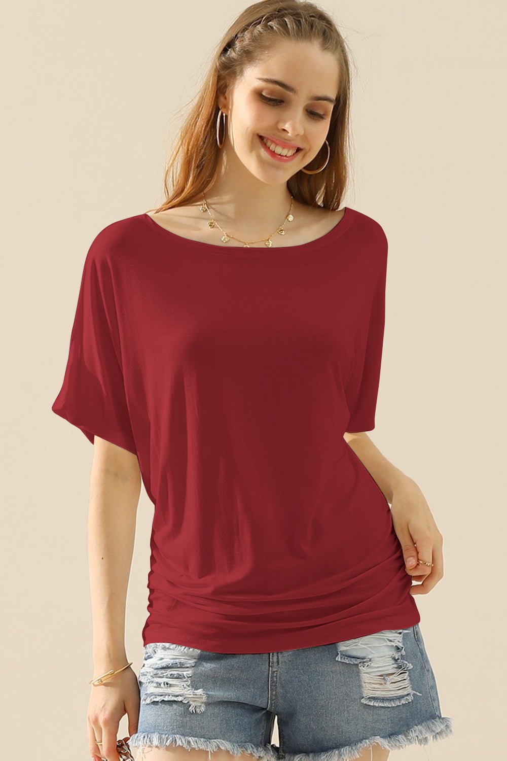 Ninexis - Boat Neck Short Sleeve Ruched Side Top