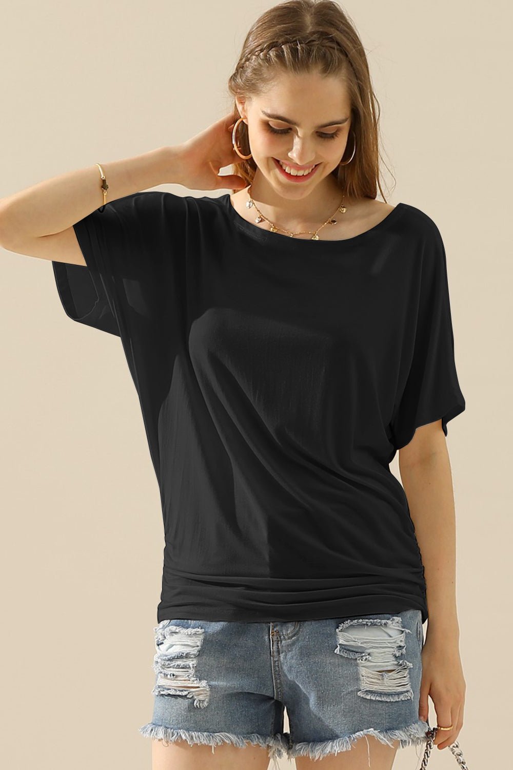 Ninexis - Boat Neck Short Sleeve Ruched Side Top