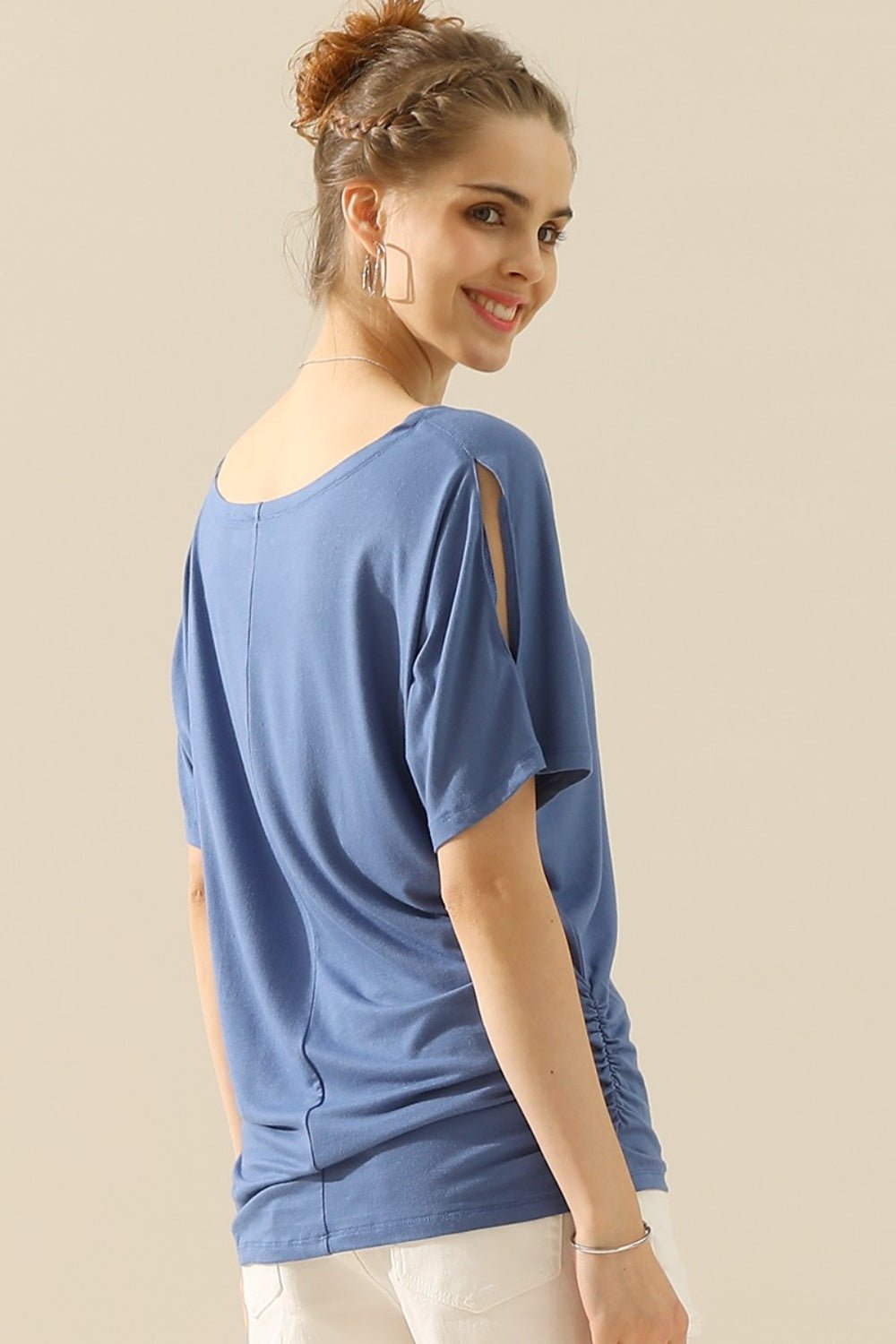 Ninexis - Boat Neck Short Sleeve Ruched Side Top