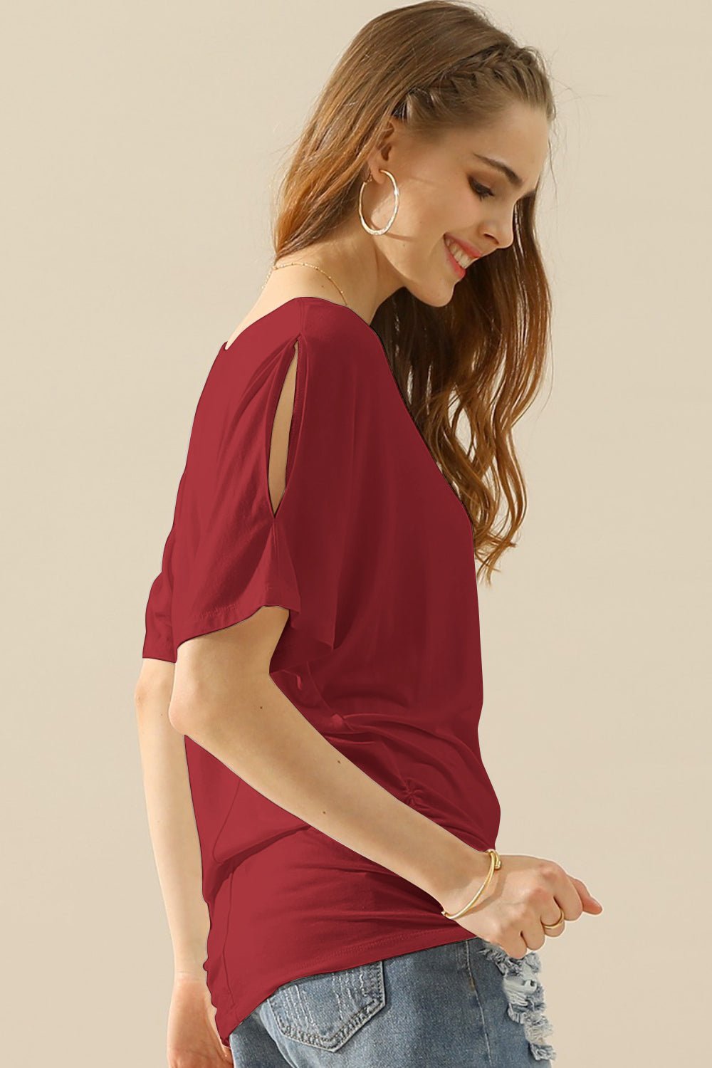 Ninexis - Boat Neck Short Sleeve Ruched Side Top