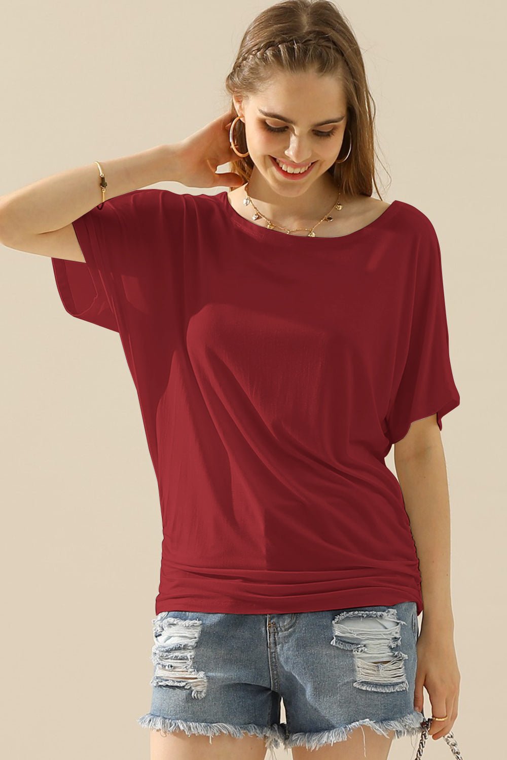 Ninexis - Boat Neck Short Sleeve Ruched Side Top