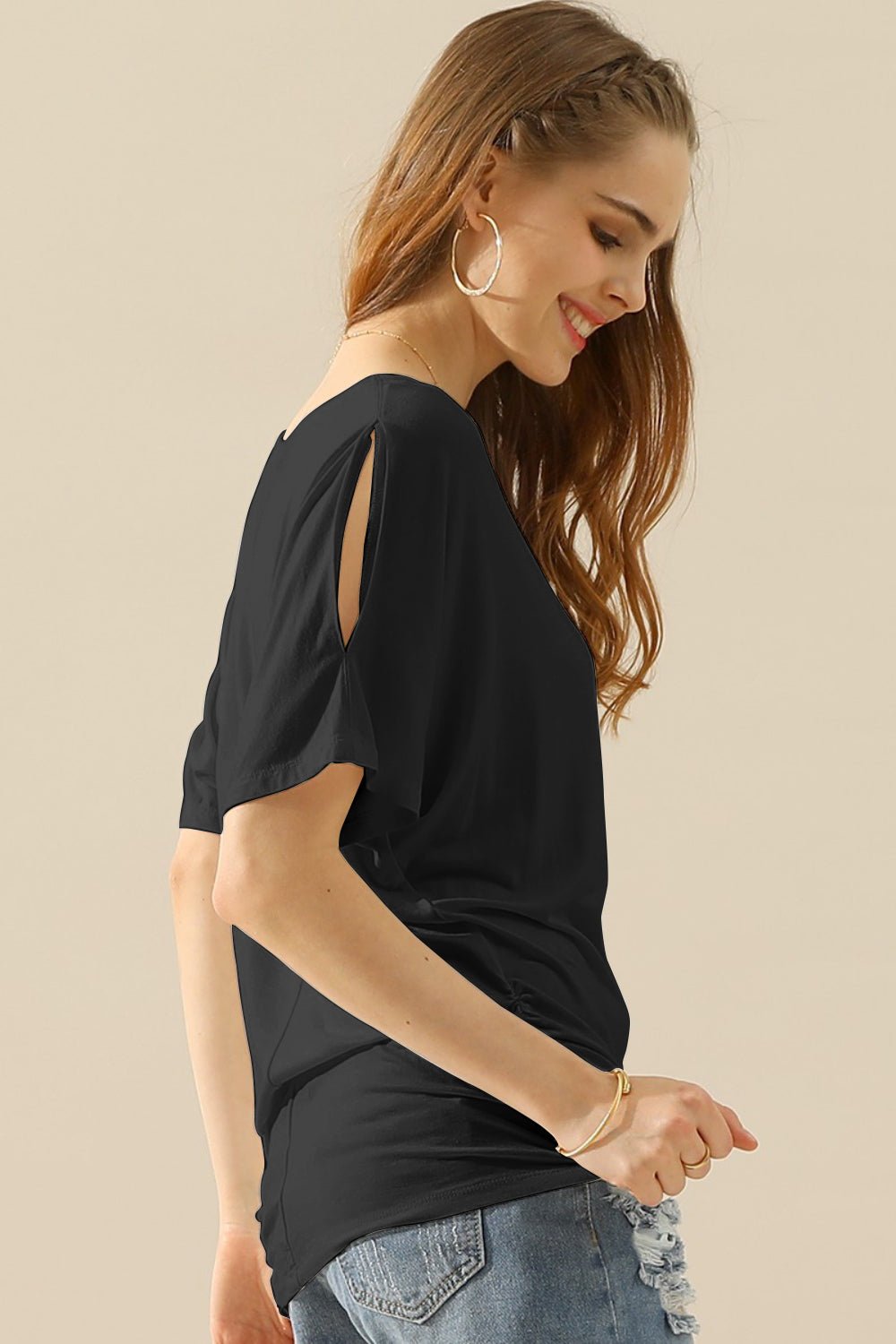 Ninexis - Boat Neck Short Sleeve Ruched Side Top