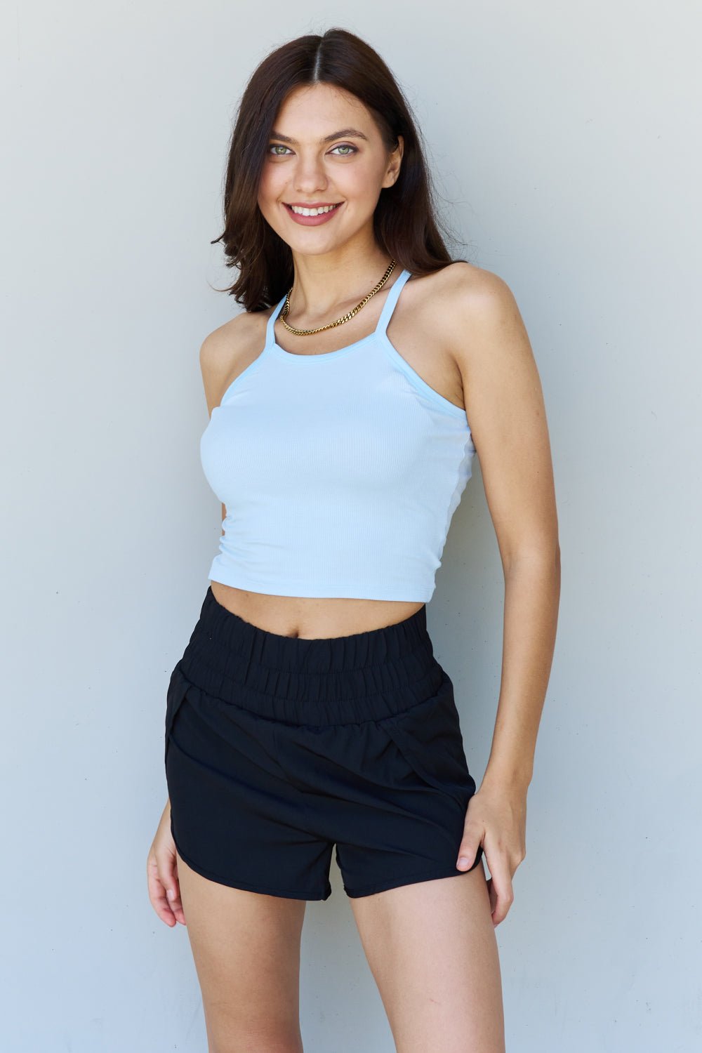 Ninexis - Cropped Rib Knit Tank Top in Light Blue