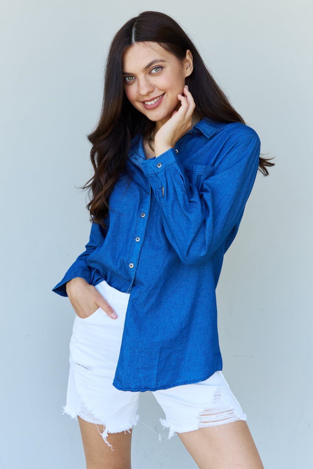 Ninexis - Denim Button Down Shirt in Dark Blue