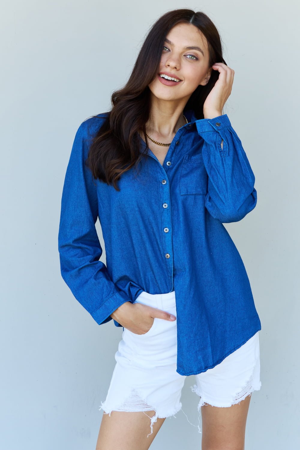 Ninexis - Denim Button Down Shirt in Dark Blue