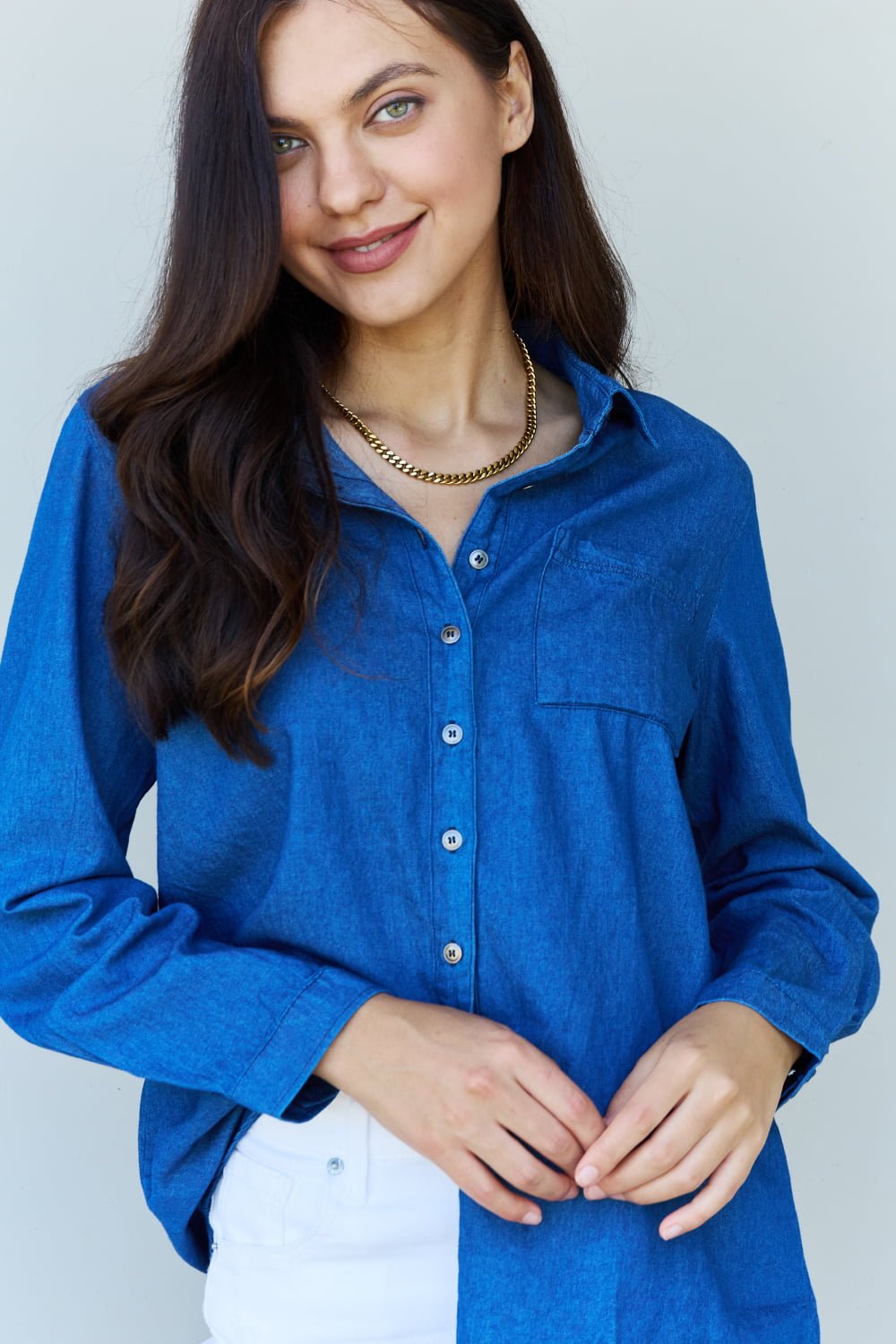 Ninexis - Denim Button Down Shirt in Dark Blue