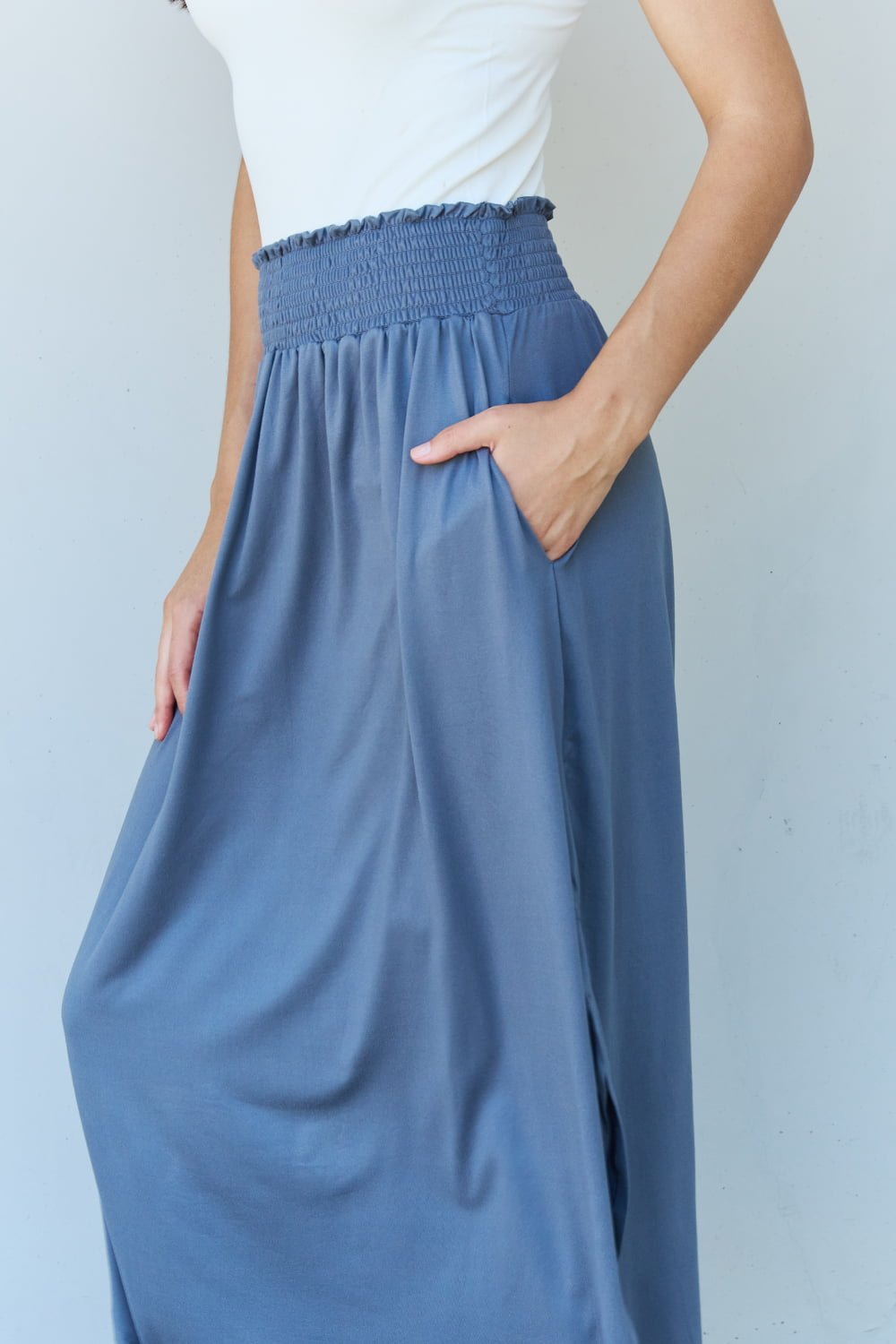 Ninexis - High Waist Scoop Hem Maxi Skirt in Dusty Blue