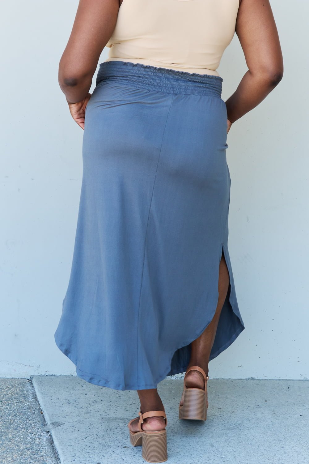 Ninexis - High Waist Scoop Hem Maxi Skirt in Dusty Blue