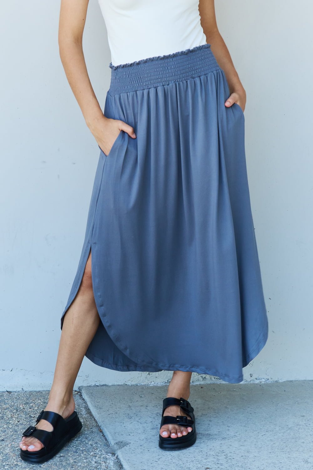 Ninexis - High Waist Scoop Hem Maxi Skirt in Dusty Blue