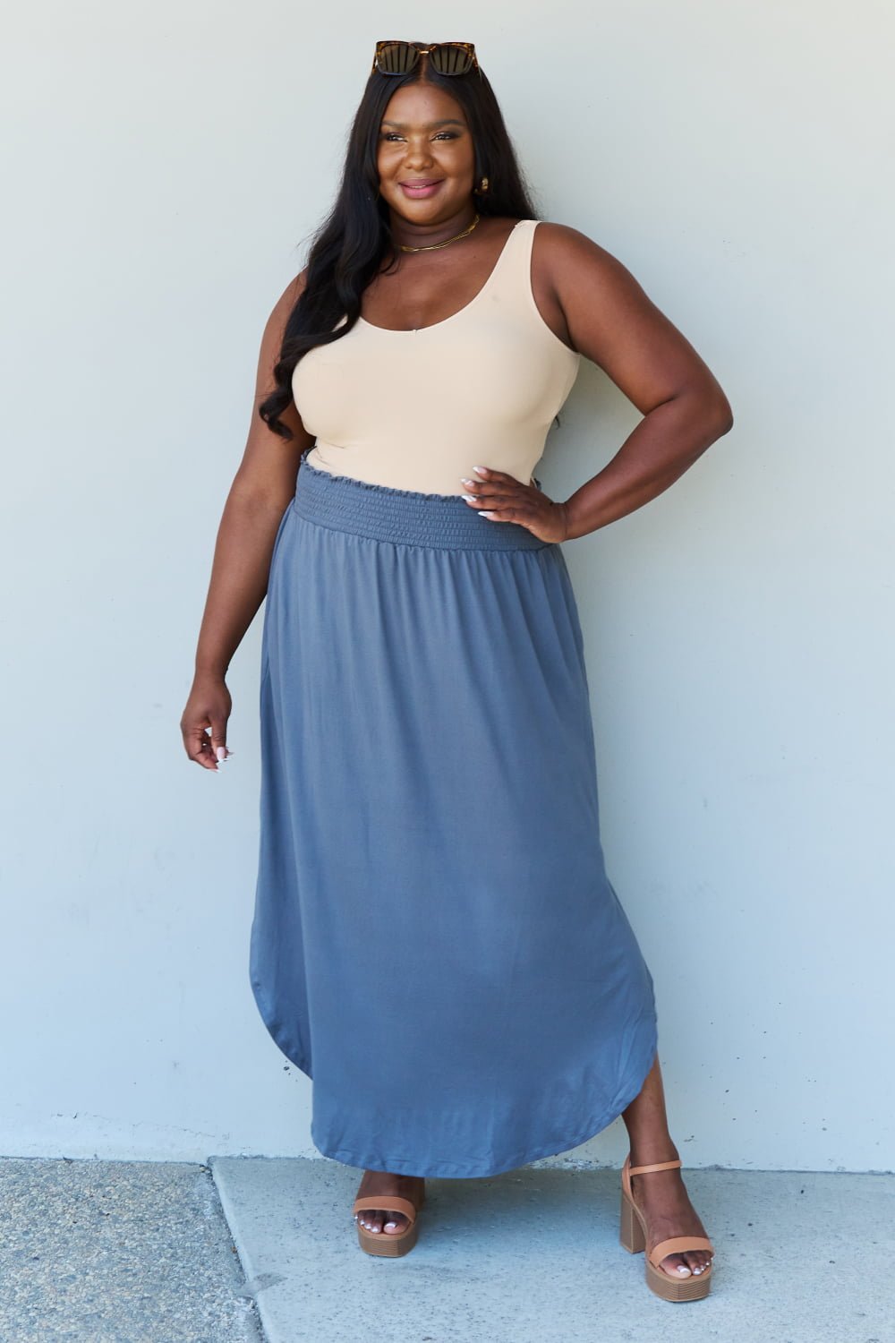 Ninexis - High Waist Scoop Hem Maxi Skirt in Dusty Blue