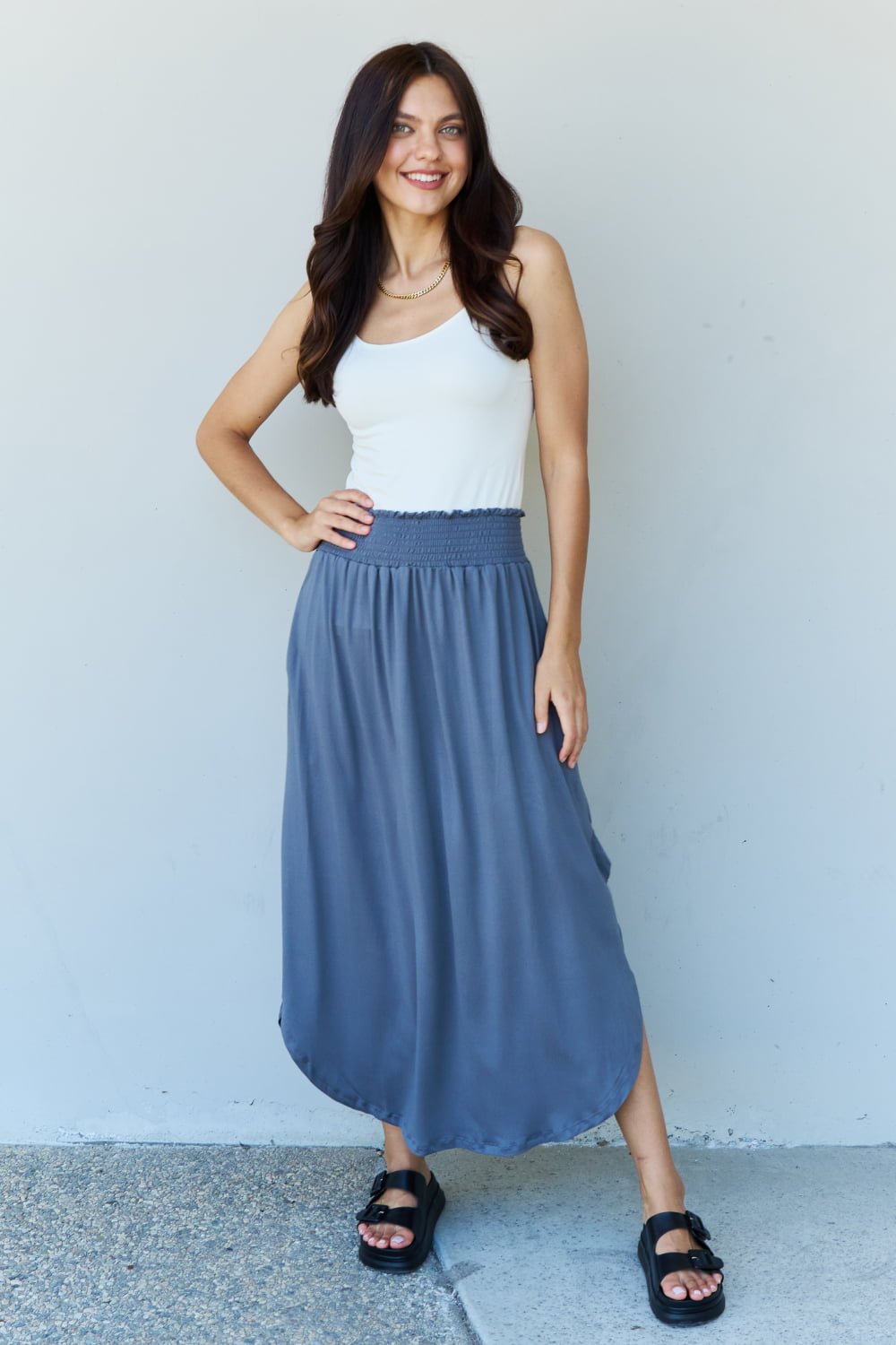 Ninexis - High Waist Scoop Hem Maxi Skirt in Dusty Blue