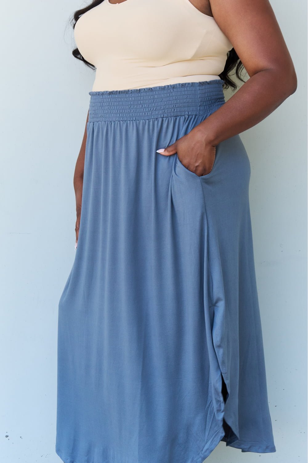 Ninexis - High Waist Scoop Hem Maxi Skirt in Dusty Blue