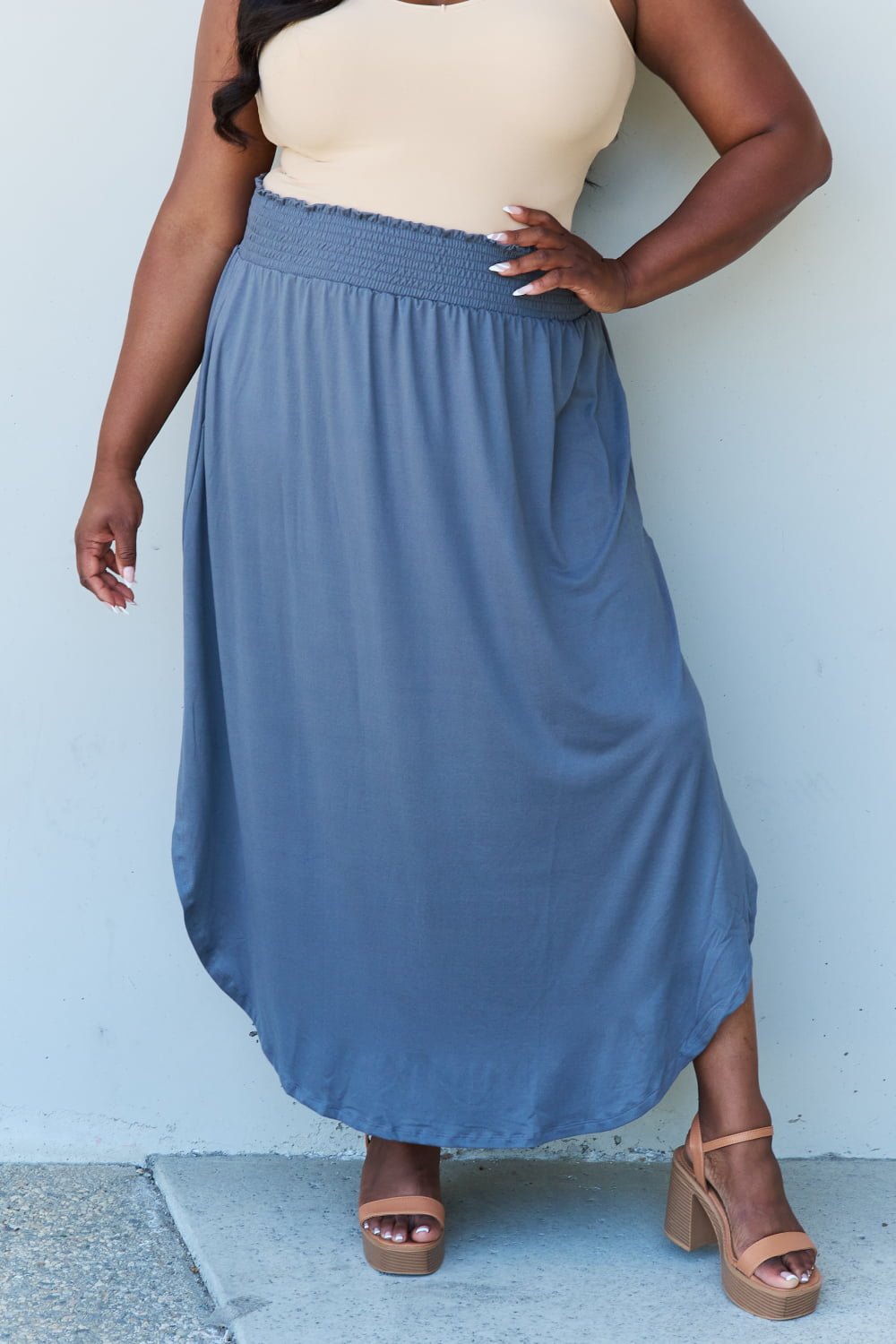 Ninexis - High Waist Scoop Hem Maxi Skirt in Dusty Blue