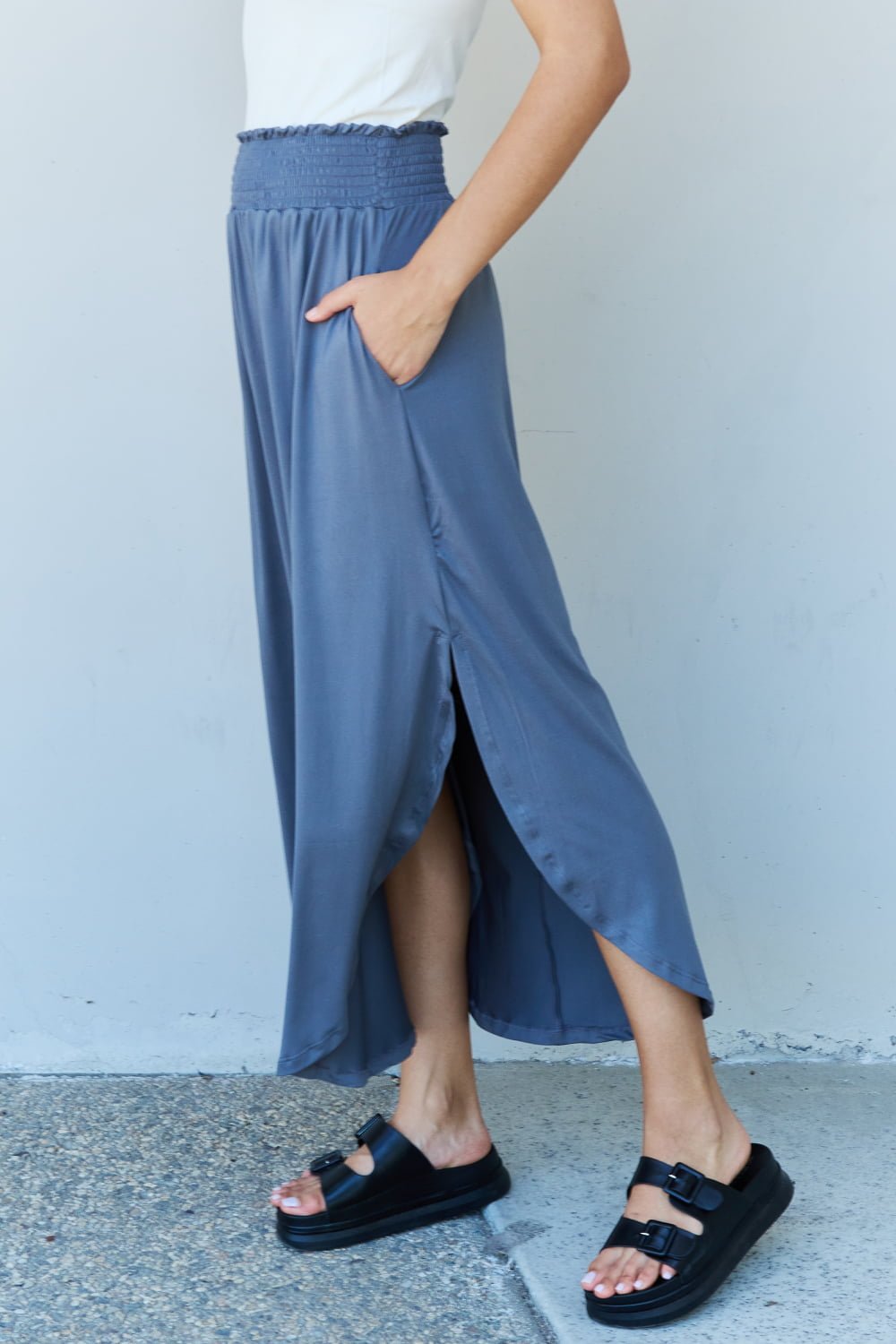 Ninexis - High Waist Scoop Hem Maxi Skirt in Dusty Blue