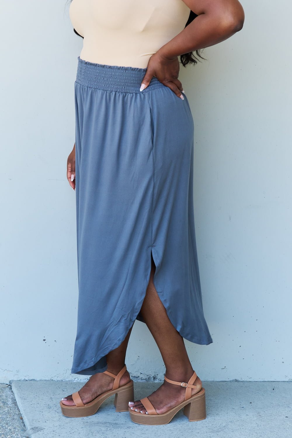 Ninexis - High Waist Scoop Hem Maxi Skirt in Dusty Blue