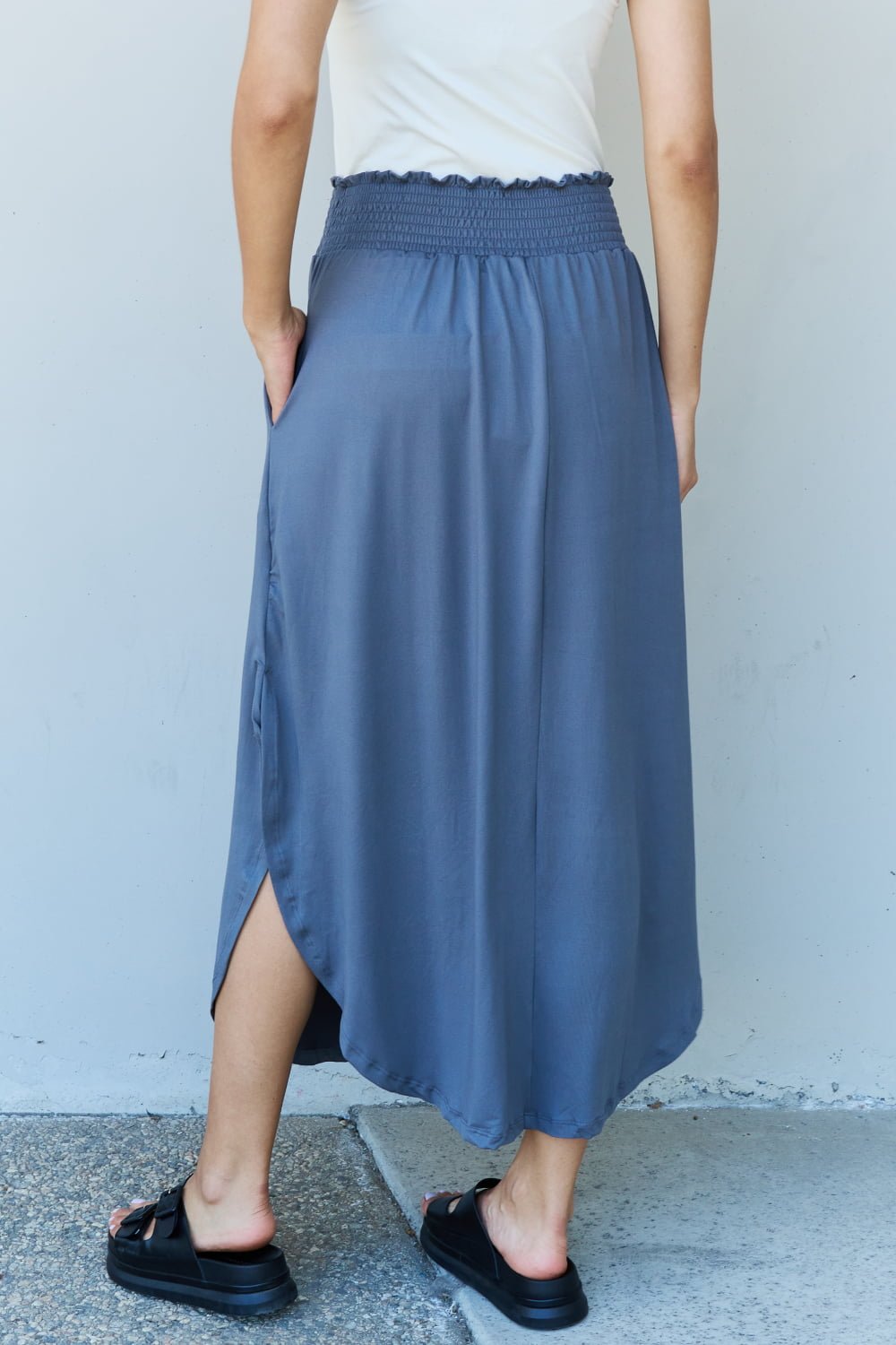 Ninexis - High Waist Scoop Hem Maxi Skirt in Dusty Blue