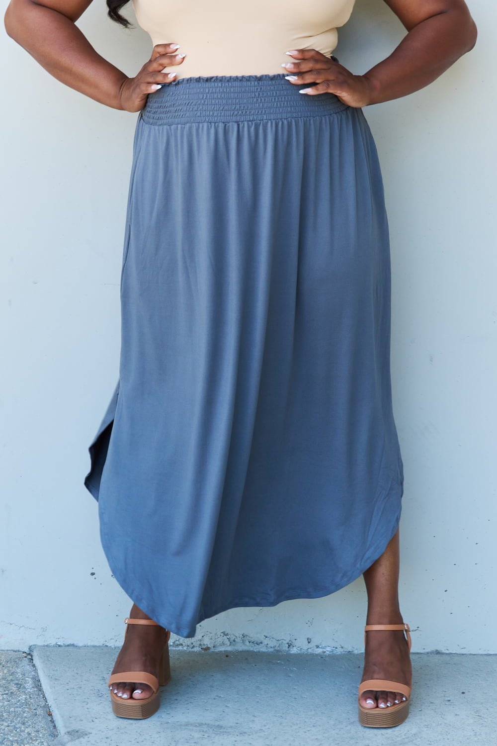 Ninexis - High Waist Scoop Hem Maxi Skirt in Dusty Blue