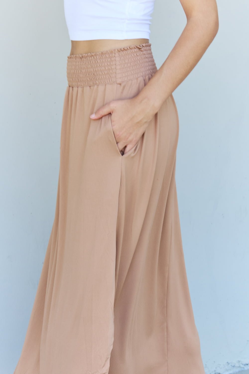 Ninexis - High Waist Scoop Hem Maxi Skirt in Khaki