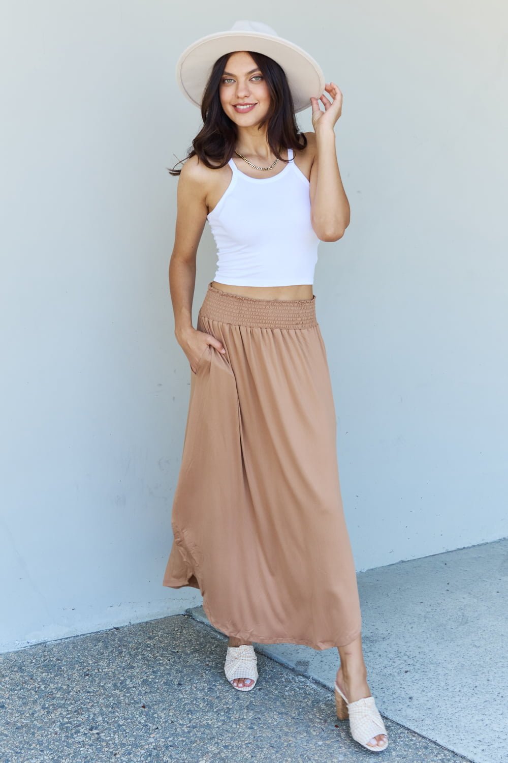 Ninexis - High Waist Scoop Hem Maxi Skirt in Khaki