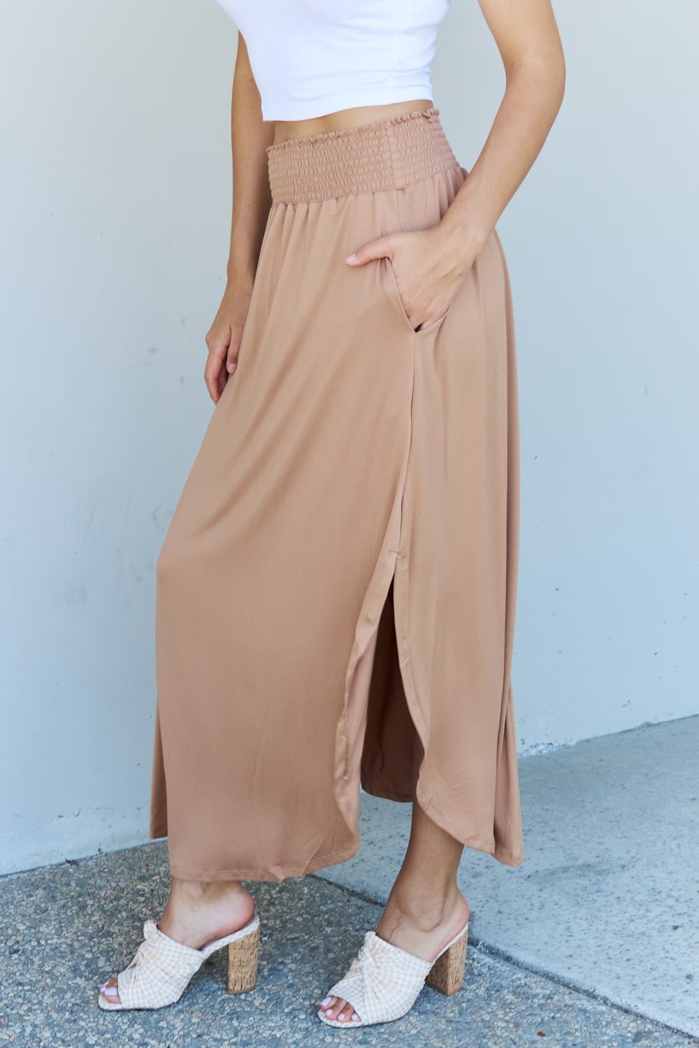 Ninexis - High Waist Scoop Hem Maxi Skirt in Khaki