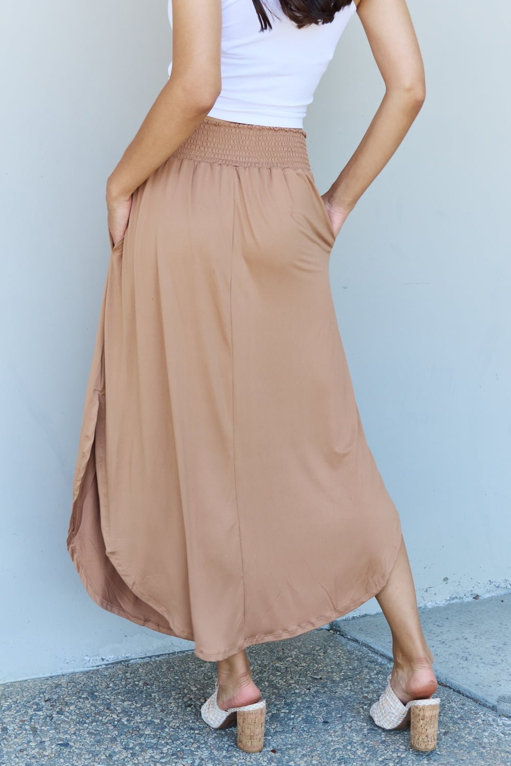 Ninexis - High Waist Scoop Hem Maxi Skirt in Khaki