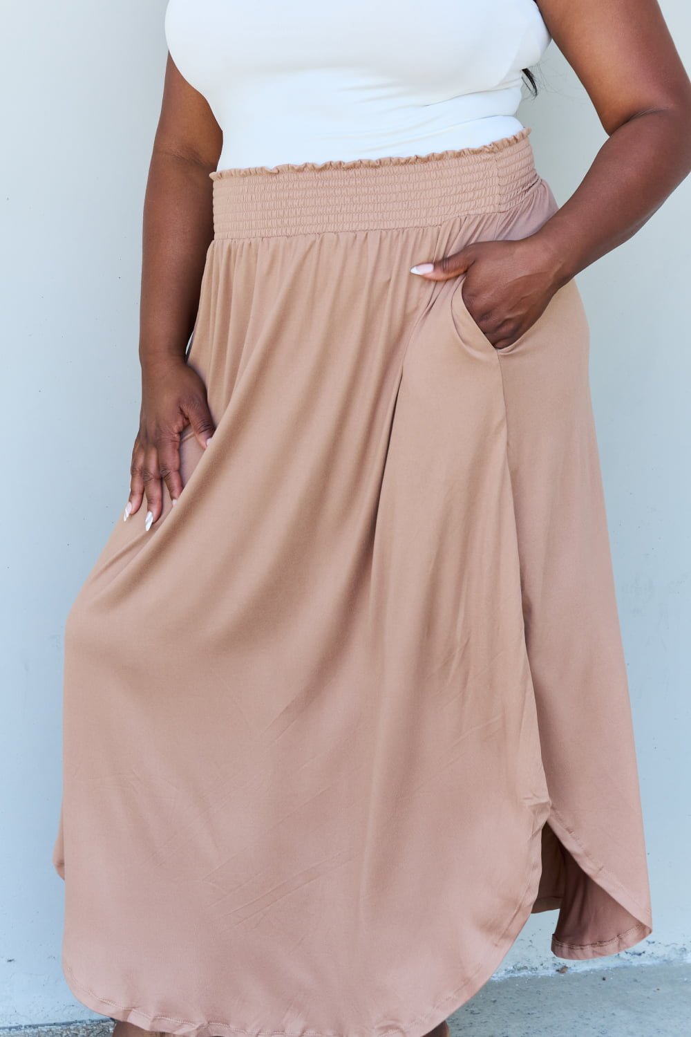 Ninexis - High Waist Scoop Hem Maxi Skirt in Khaki