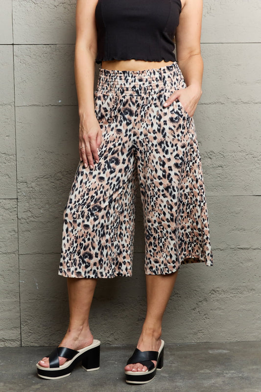 Ninexis - Leopard Print High Waist Wide Leg Capri Pants