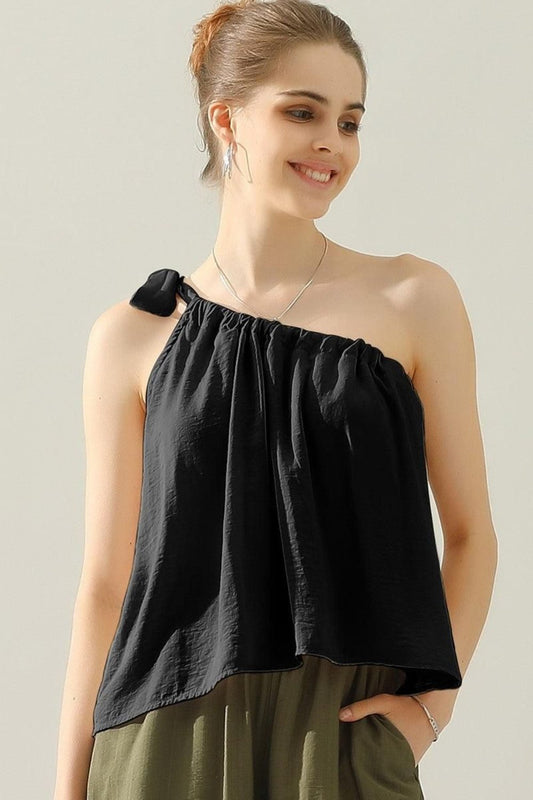 Ninexis - One Shoulder Bow Tie Strap Satin Top