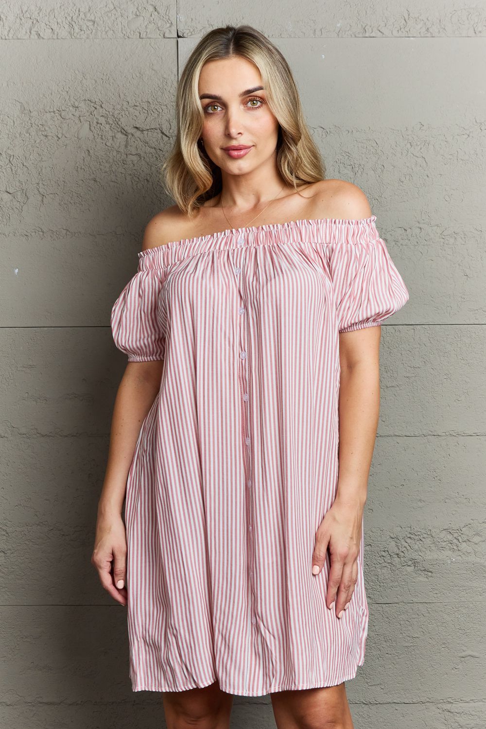 Ninexis - Pink Striped Off - Shoulder Mini Dress