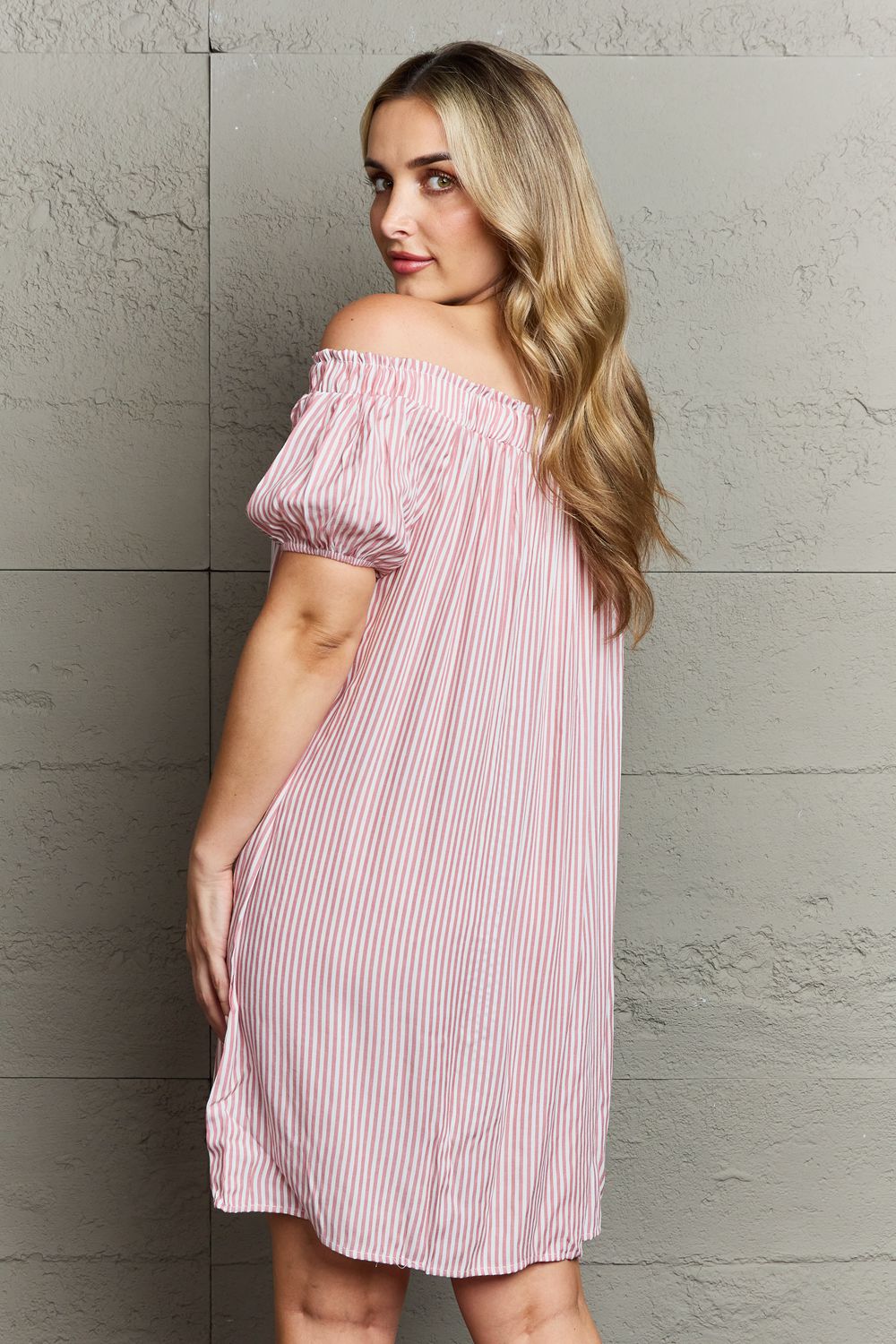 Ninexis - Pink Striped Off - Shoulder Mini Dress