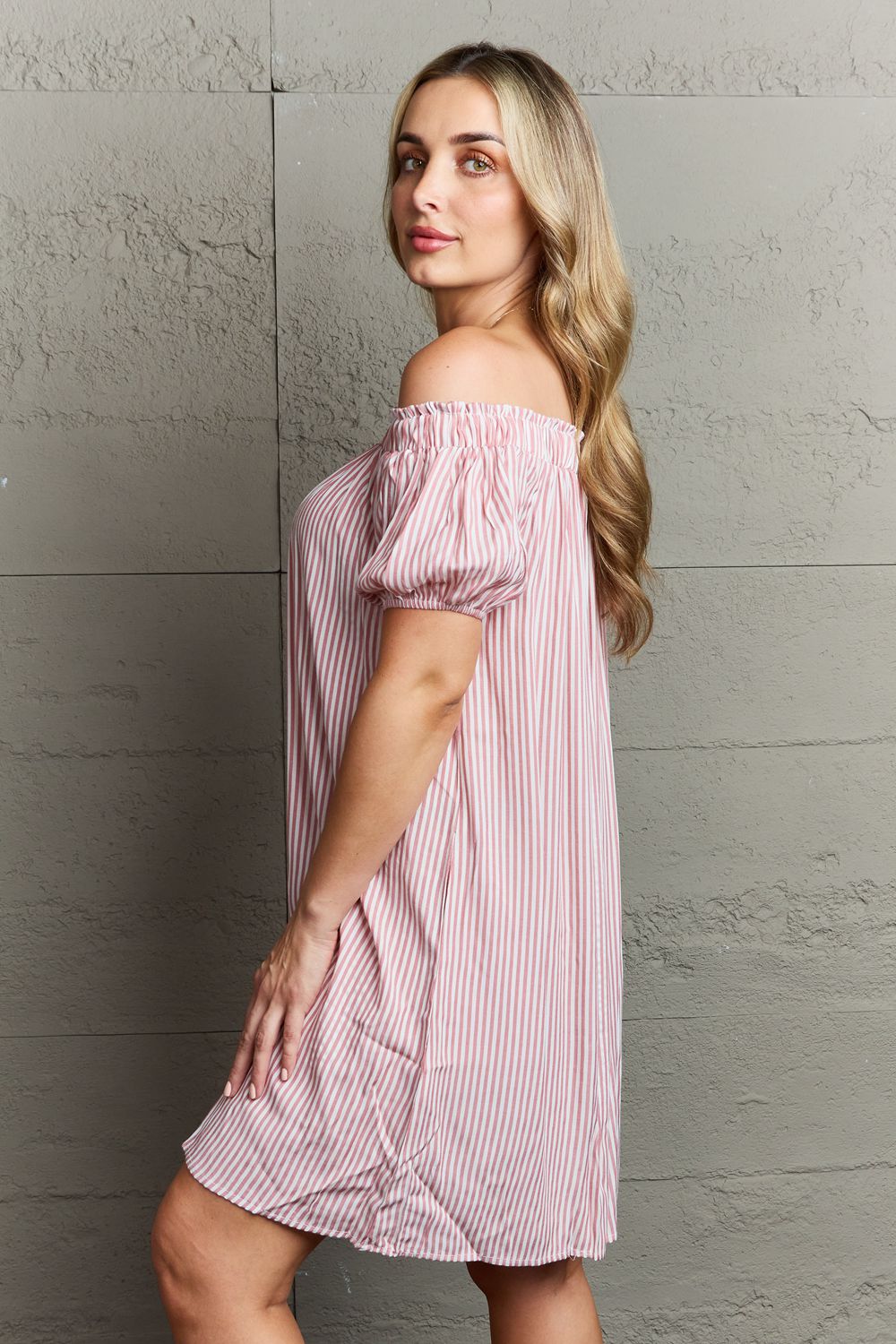 Ninexis - Pink Striped Off - Shoulder Mini Dress