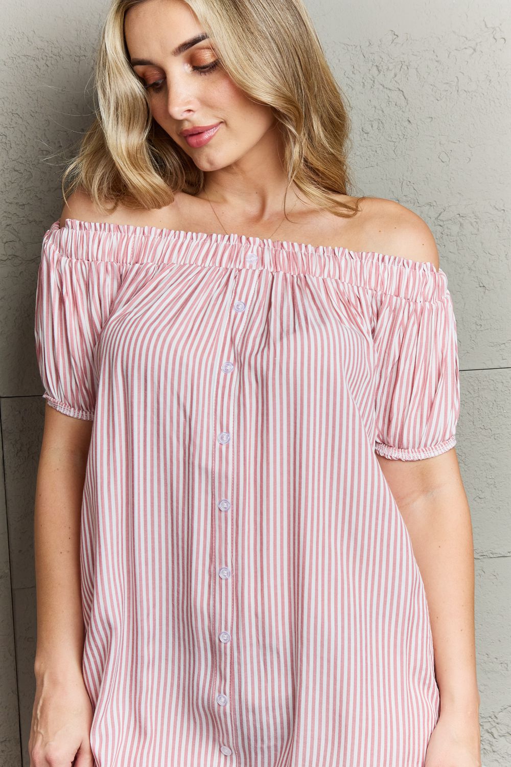 Ninexis - Pink Striped Off - Shoulder Mini Dress