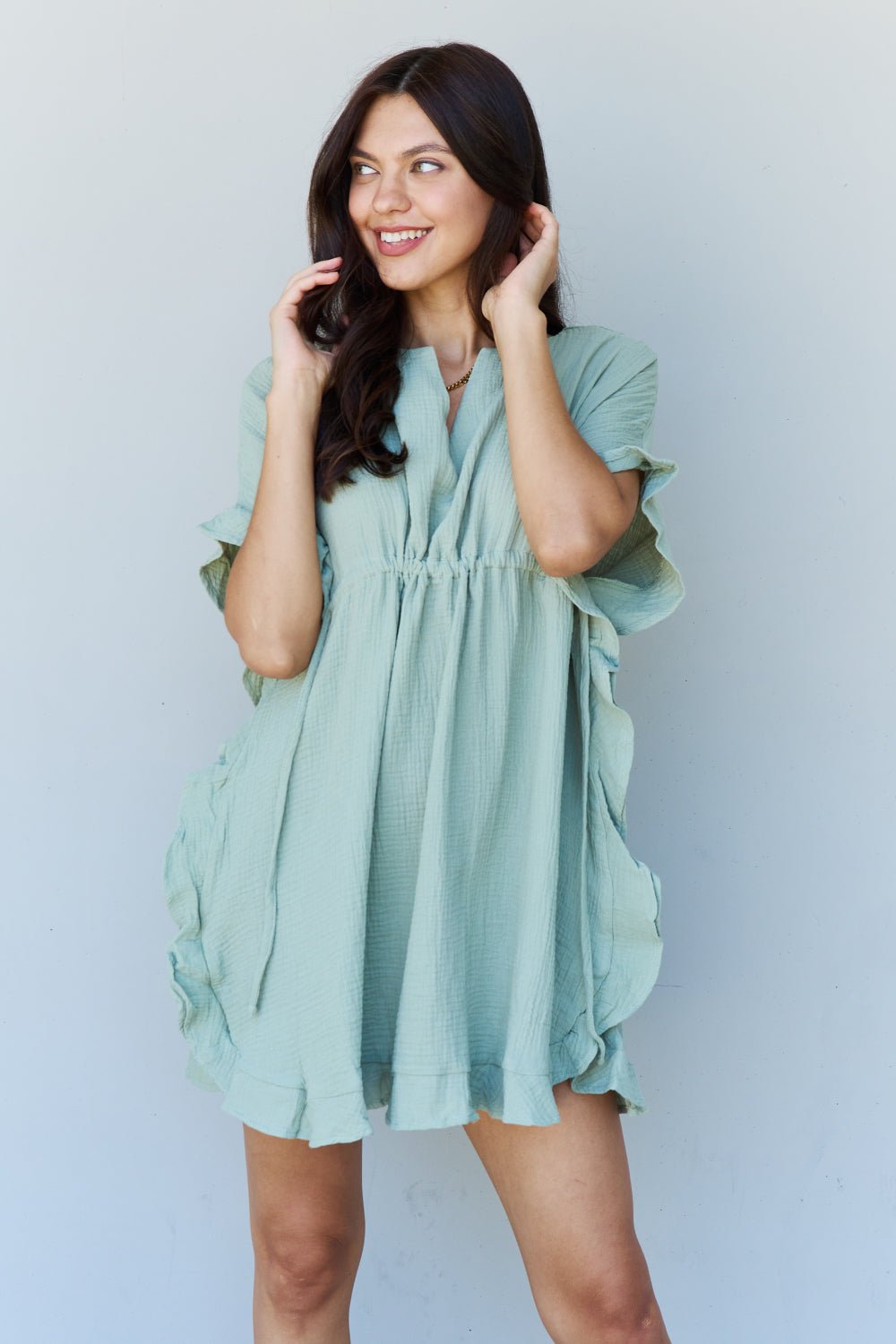 Ninexis - Ruffle Hem Drawstring Waist Mini Dress in Light Sage