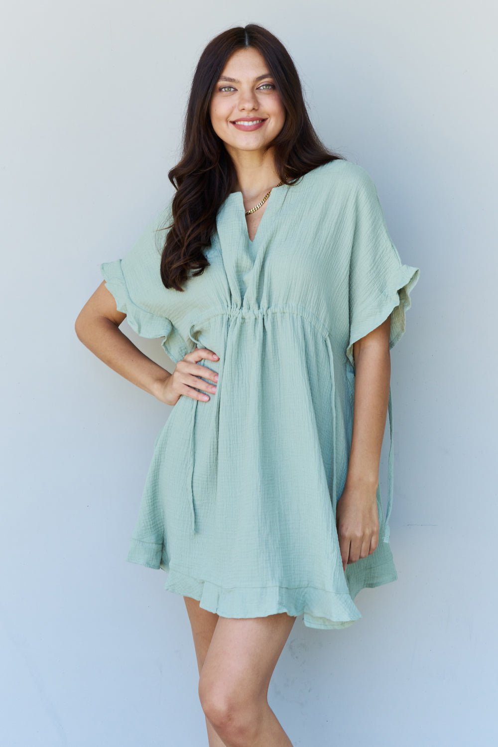 Ninexis - Ruffle Hem Drawstring Waist Mini Dress in Light Sage