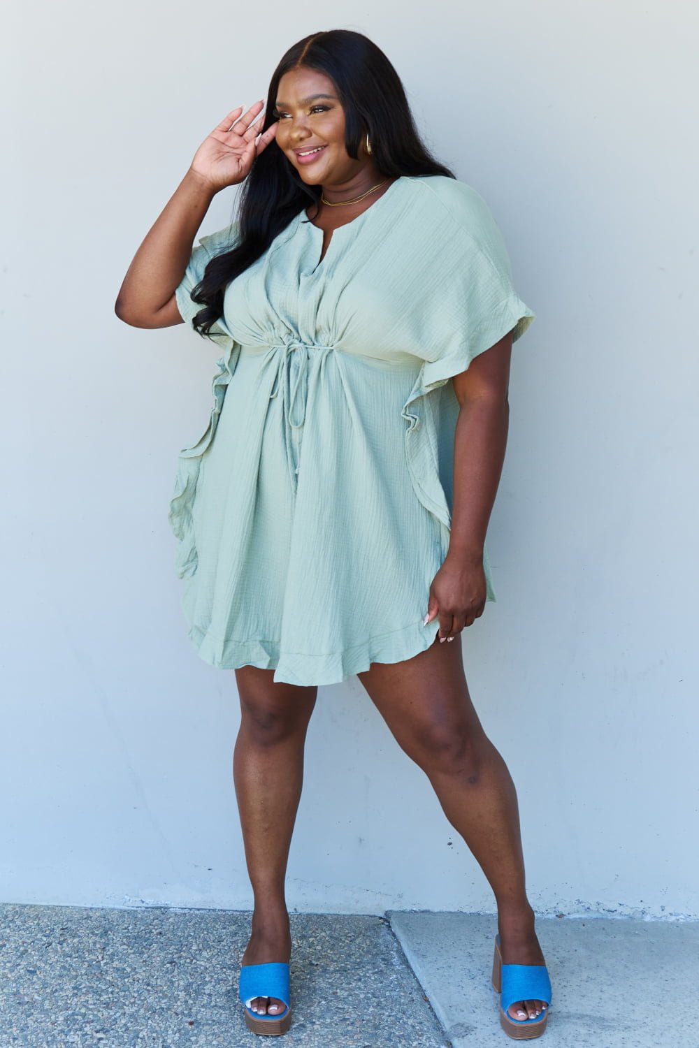 Ninexis - Ruffle Hem Drawstring Waist Mini Dress in Light Sage