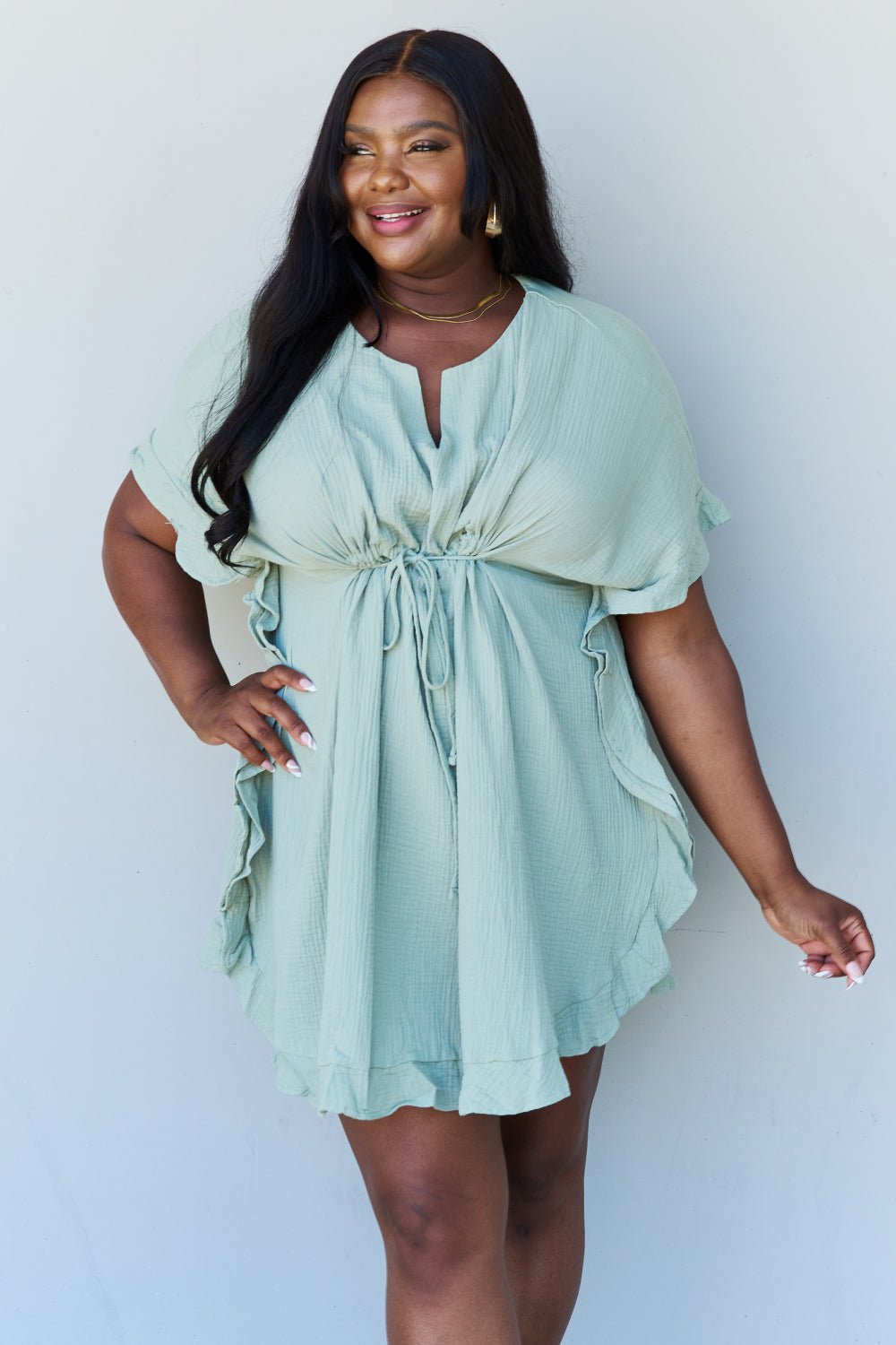 Ninexis - Ruffle Hem Drawstring Waist Mini Dress in Light Sage